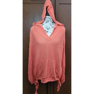Free People Womens XS Optimist Hoodie Coral Salmon Pink Tie Sides Front Pocket